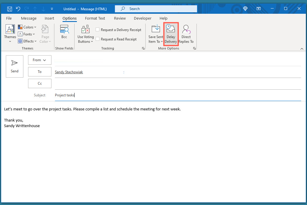 Select Delay Delivery in Outlook Ribbon