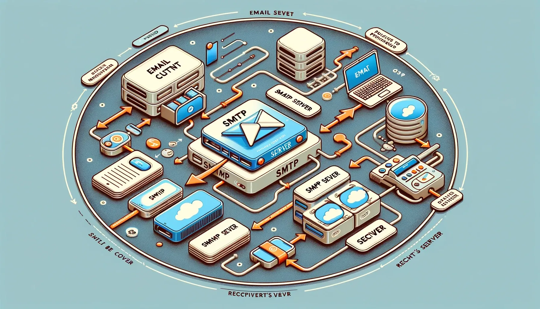 An illustrative diagram showcasing the SMTP email delivery process, with labeled components including an email client, SMTP server, and recipient's server.