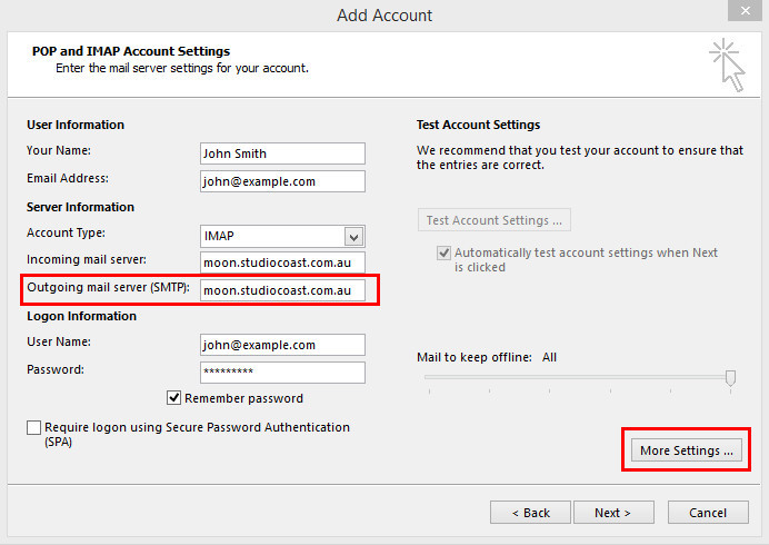 Enter SMTP Outgoing Mail Server Hostname Details