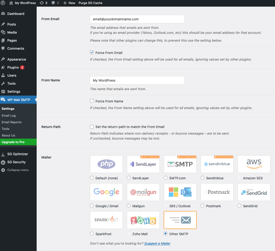 Wordpress Dashboard: Configure SMTP Server Settings in the Plugin by choosing other SMTP