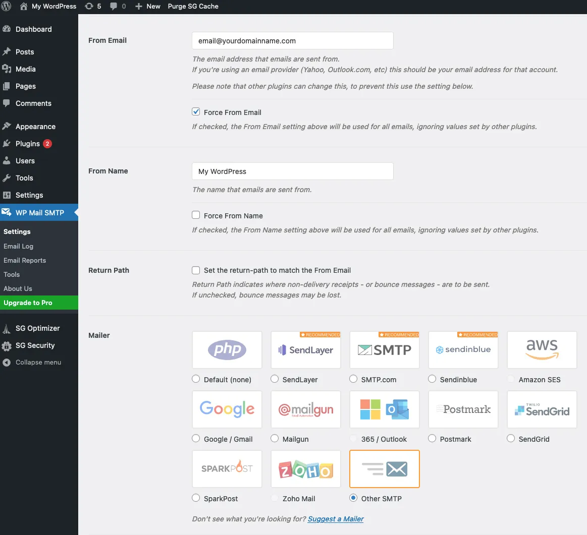 Wordpress Dashboard: Configure SMTP Server Settings in the Plugin by choosing other SMTP