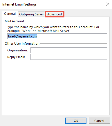 Advanced Email Settings Configuration Window