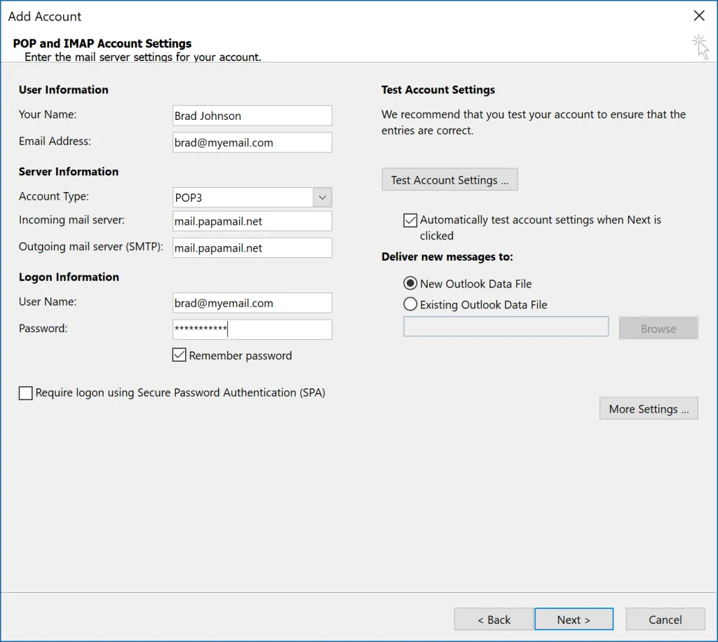 Email Account Details Window