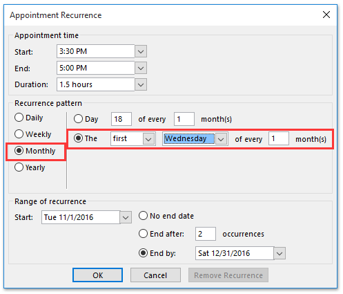 Specifying Recurrence in Outlook