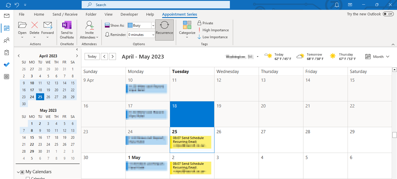 Calendar Appointment: Recurring Email Method for Outlook