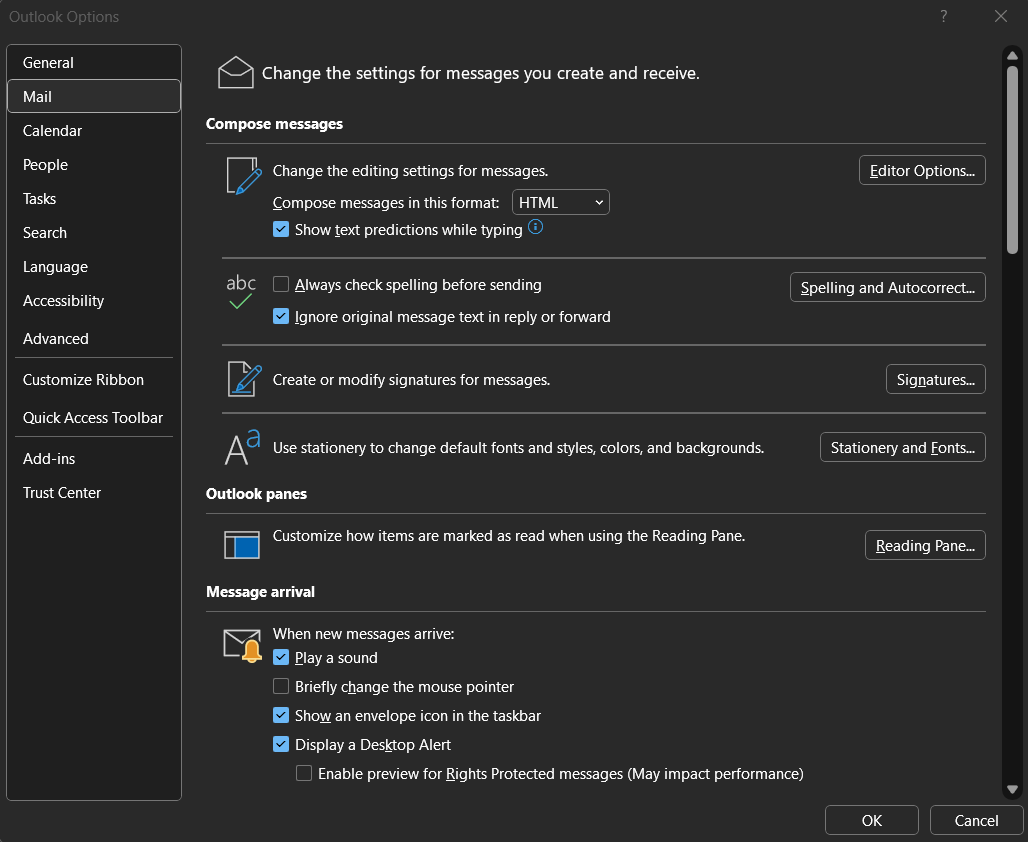 Go to Outlook Options: To Format All New Messages