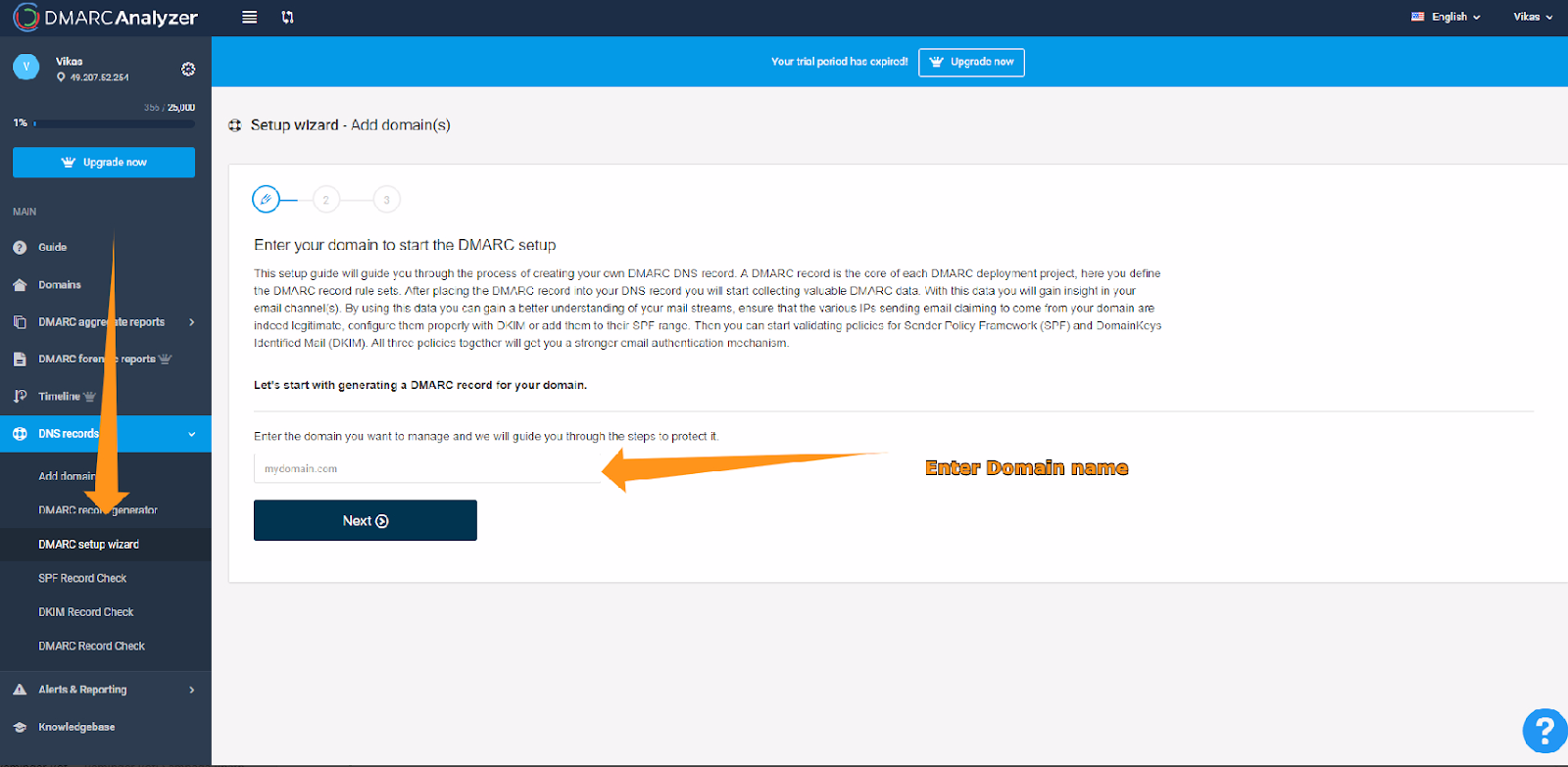 Enter the domain name for which you want to generate DMARC Record