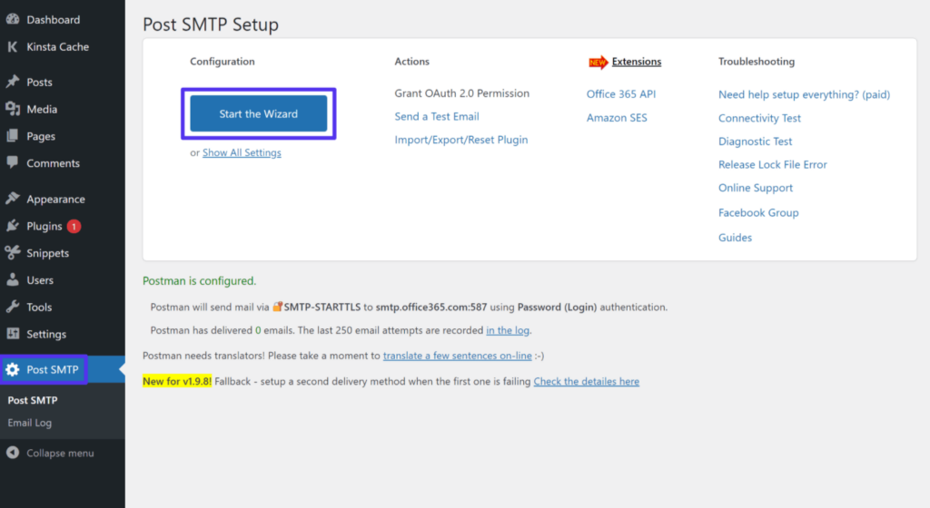 How to launch the Post SMTP setup wizard in WordPress 