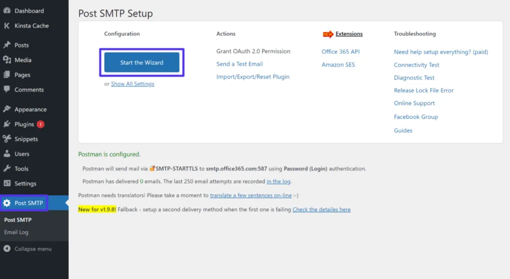 How to launch the Post SMTP setup wizard in WordPress