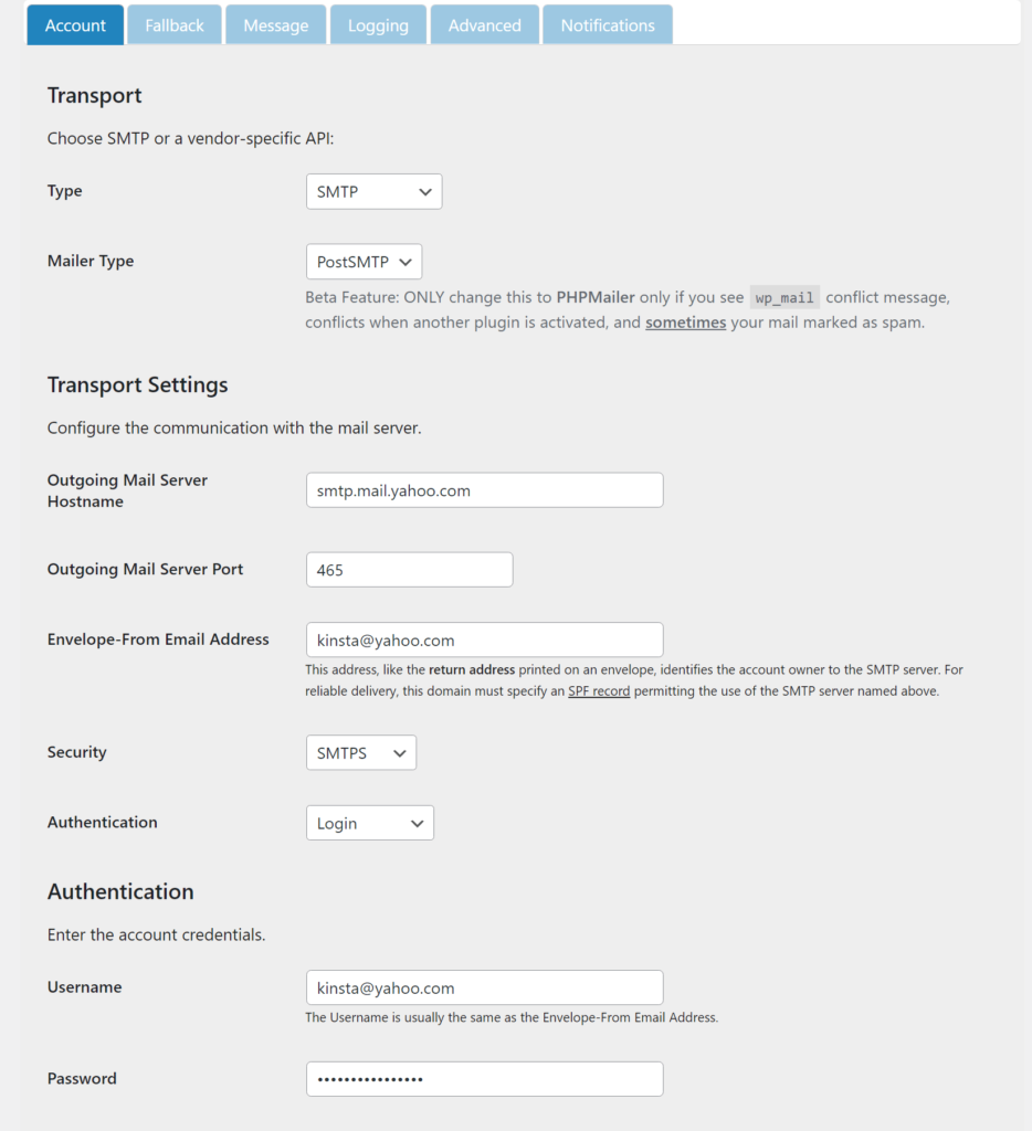 Step 4: Configure the SMTP Plugin with Yahoo SMTP Settings