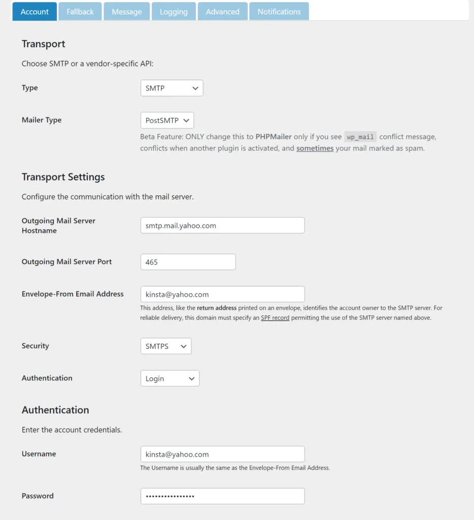 Step 4: Configure the SMTP Plugin with Yahoo SMTP Settings