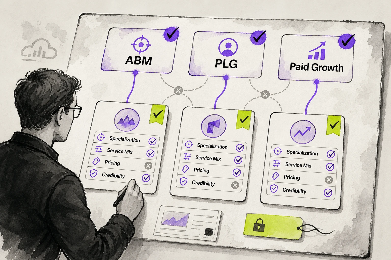 Editorial illustration of a B2B SaaS buyer comparing B2B Saas Marketing Agencies against ABM, PLG, and Paid Growth using specialization, service mix, pricing, and credibility criteria.
