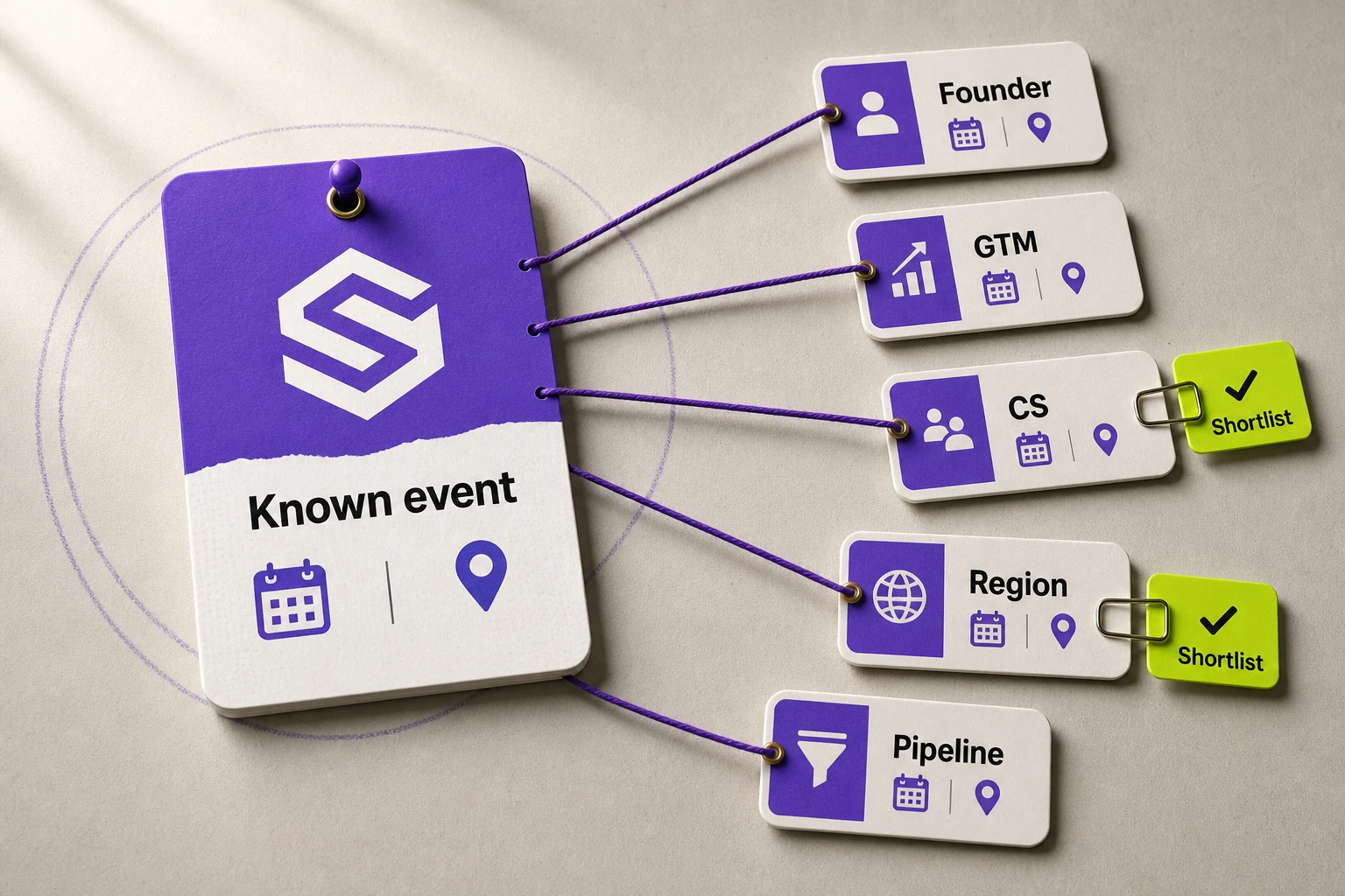 Editorial illustration of one known Software as a service conference branching into several similar conference options organized by fit, with shortlist markers highlighting the best choices.
