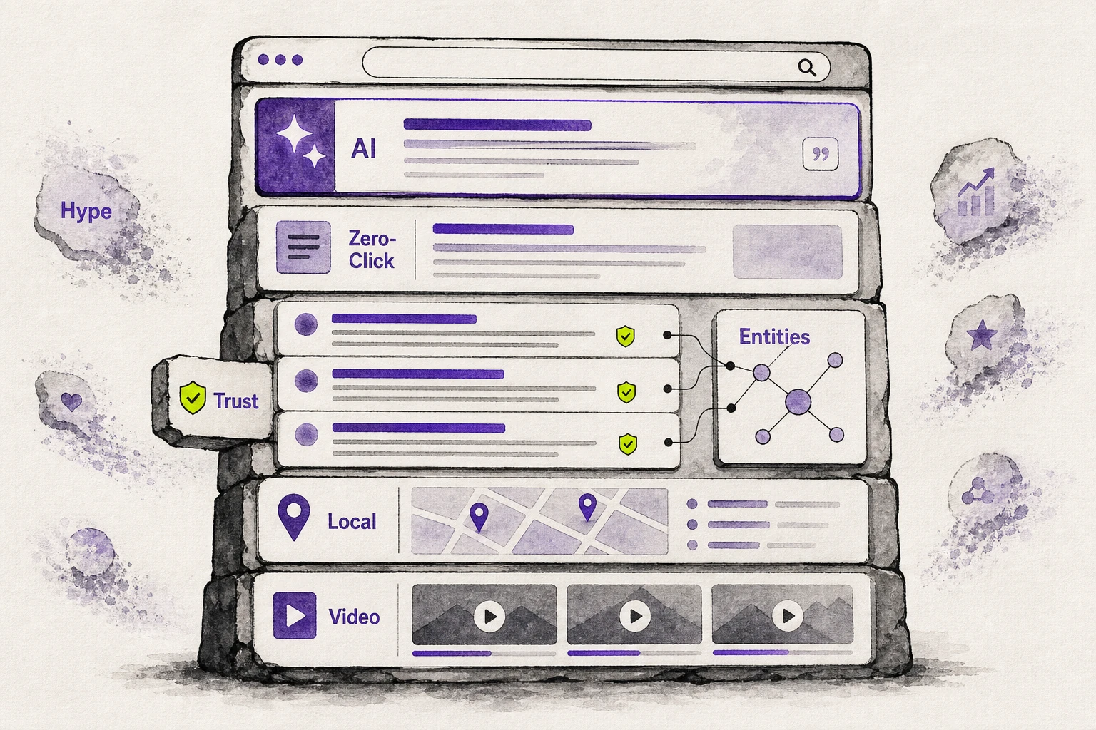 Editorial illustration of SEO Trends as a search results page with durable modules like AI results, zero-click answers, trust signals, entities, local results, and video results embedded in the SERP while hype elements fade at the edges.