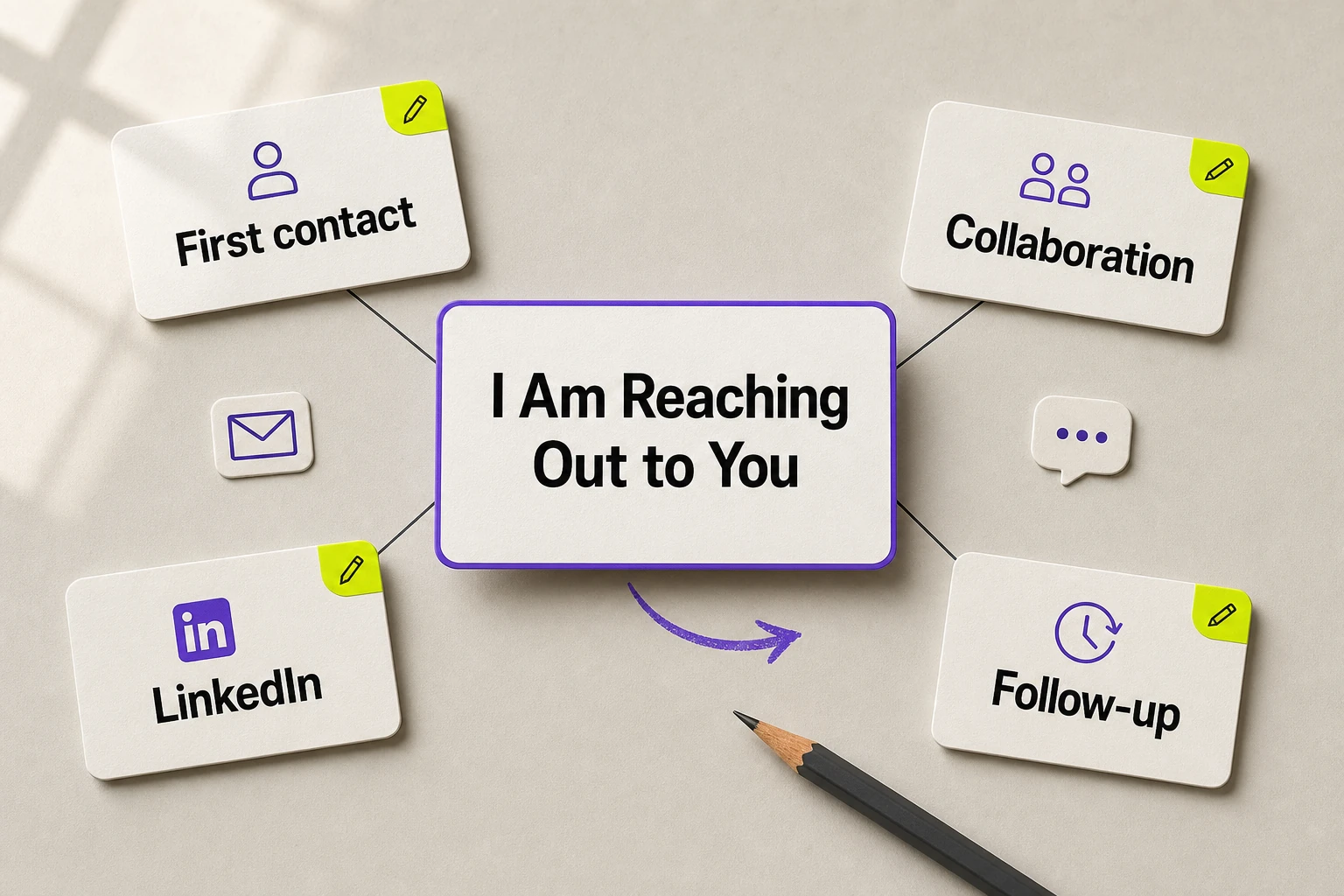 Editorial illustration of the phrase "I Am Reaching Out to You" on a central message card branching to four clearer outreach options by situation: first contact, collaboration, LinkedIn, and follow-up.