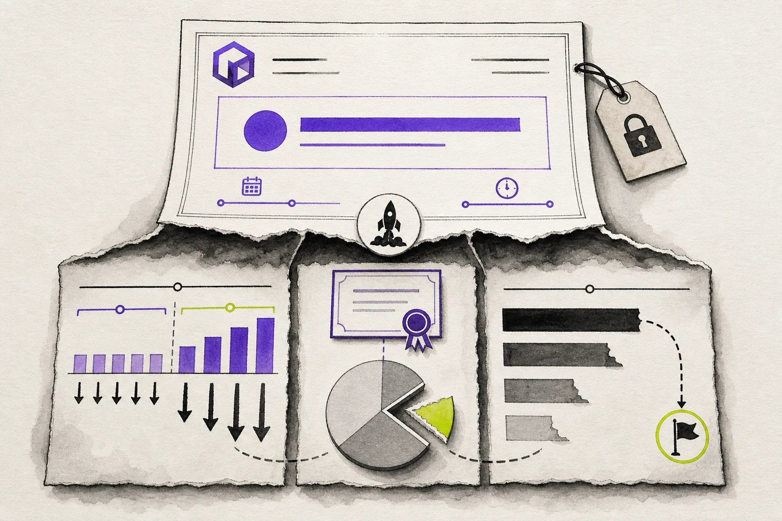 Editorial illustration of a Venture Debt offer sheet with an attractive headline term on top and attached hidden tradeoffs below, including repayment, warrants, dilution, and shrinking runway toward a funding round.
