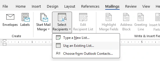 Word Select Recipients menu open with Use an Existing List highlighted