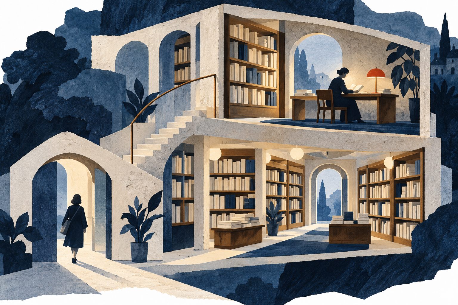 A cutaway library connects an accessible entrance, organized information and a reader finding a useful answer.