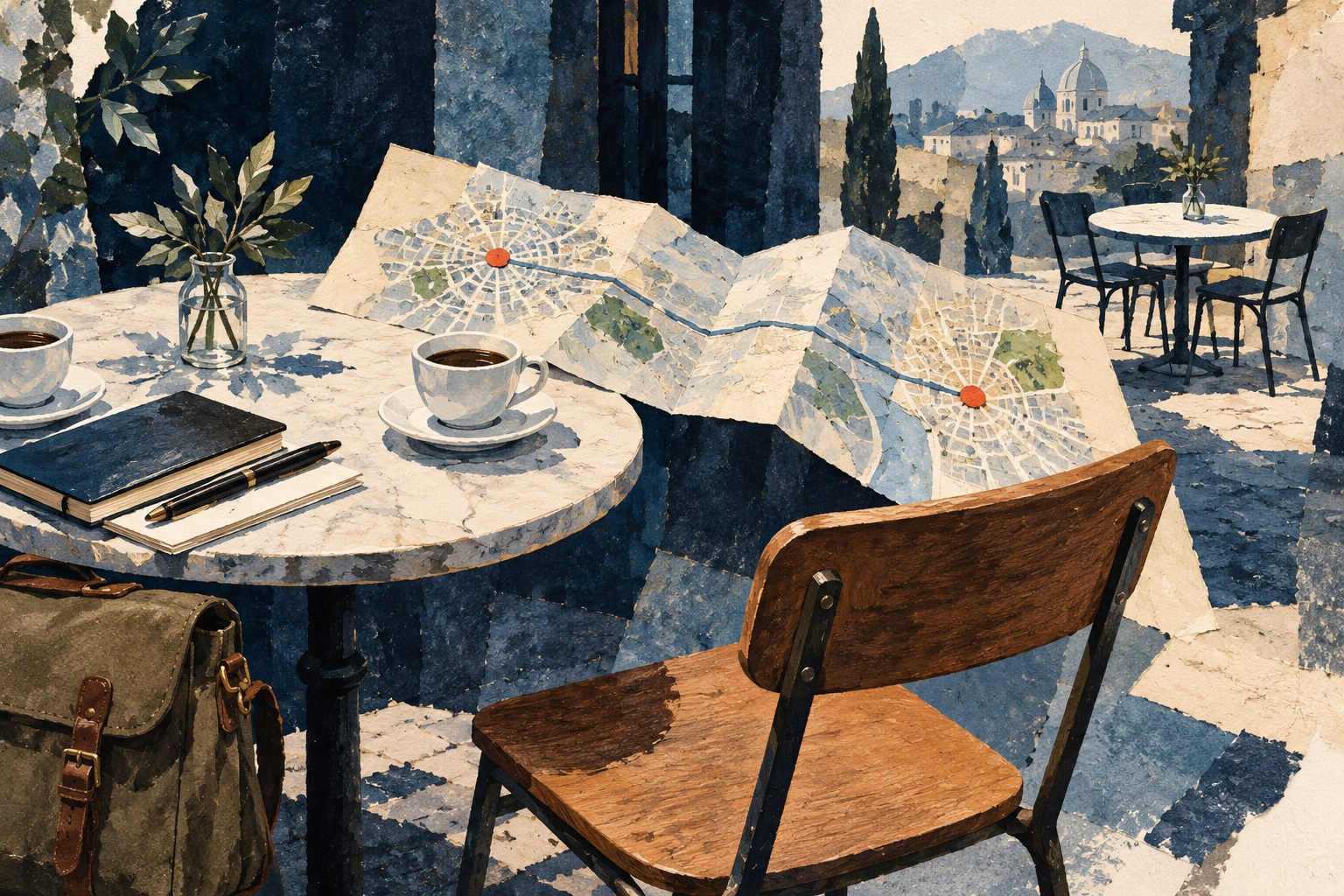 A folded territory map connects two meeting tables, illustrating purposeful field visits and preparation.