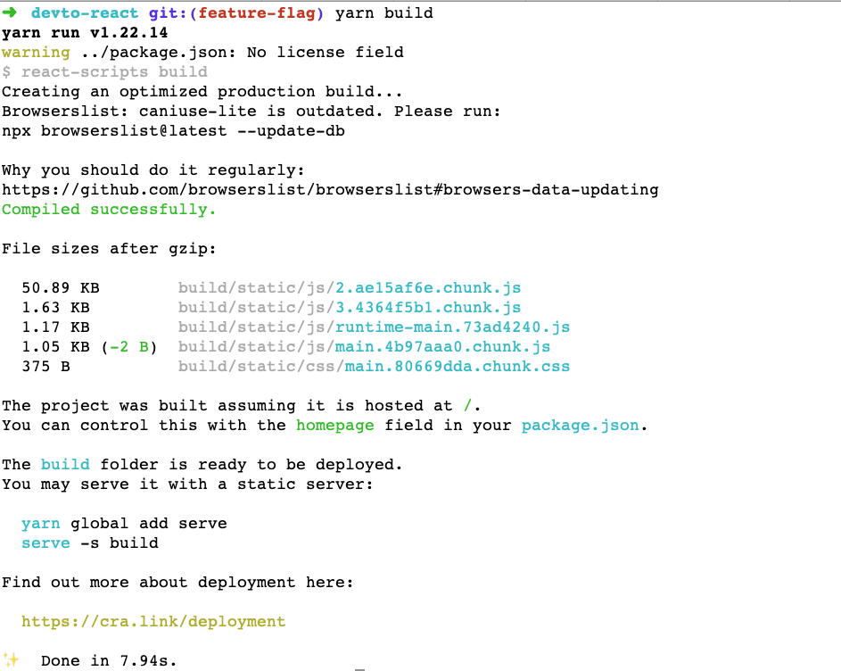 Screenshot of output from yarn build setup (React feature toggle)