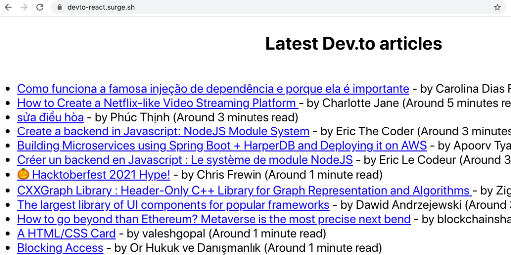 Screenshot of latest Dev.to articles running on surge.sh