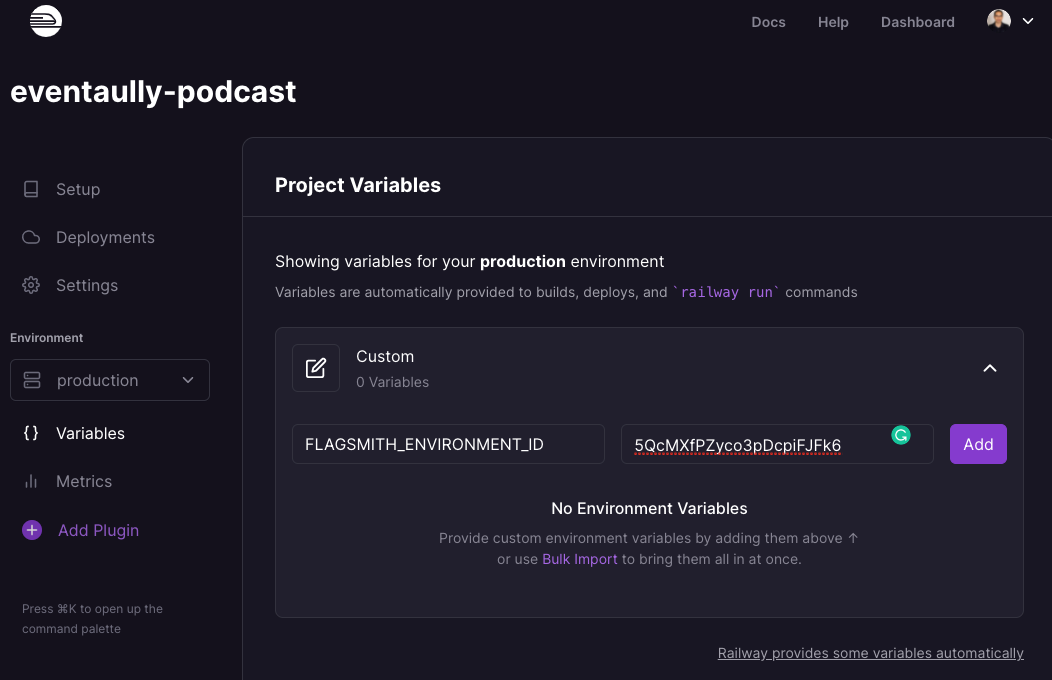 Adding Flagsmith Environment ID to Railway application