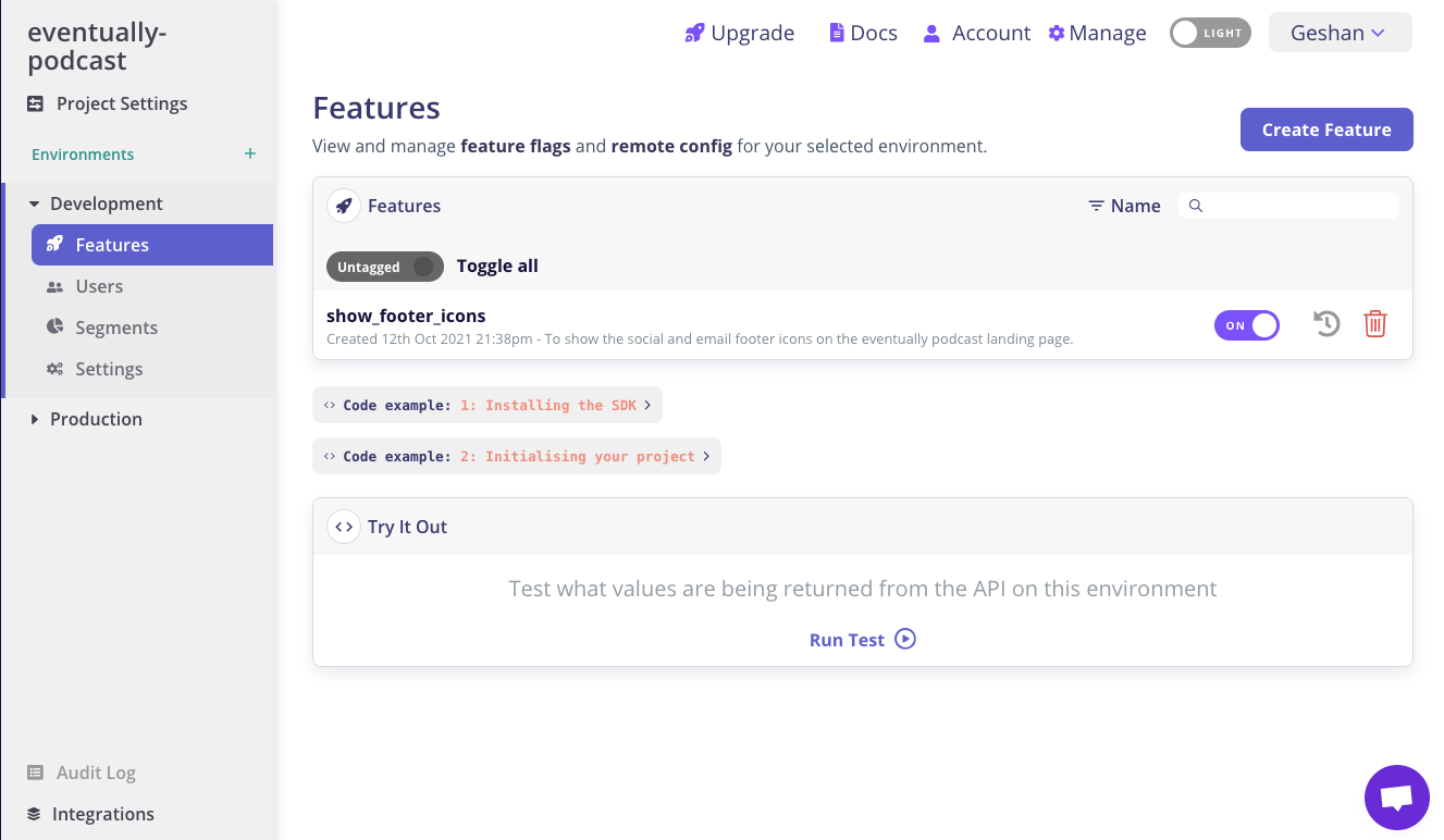 managing features in flagsmith screenshot