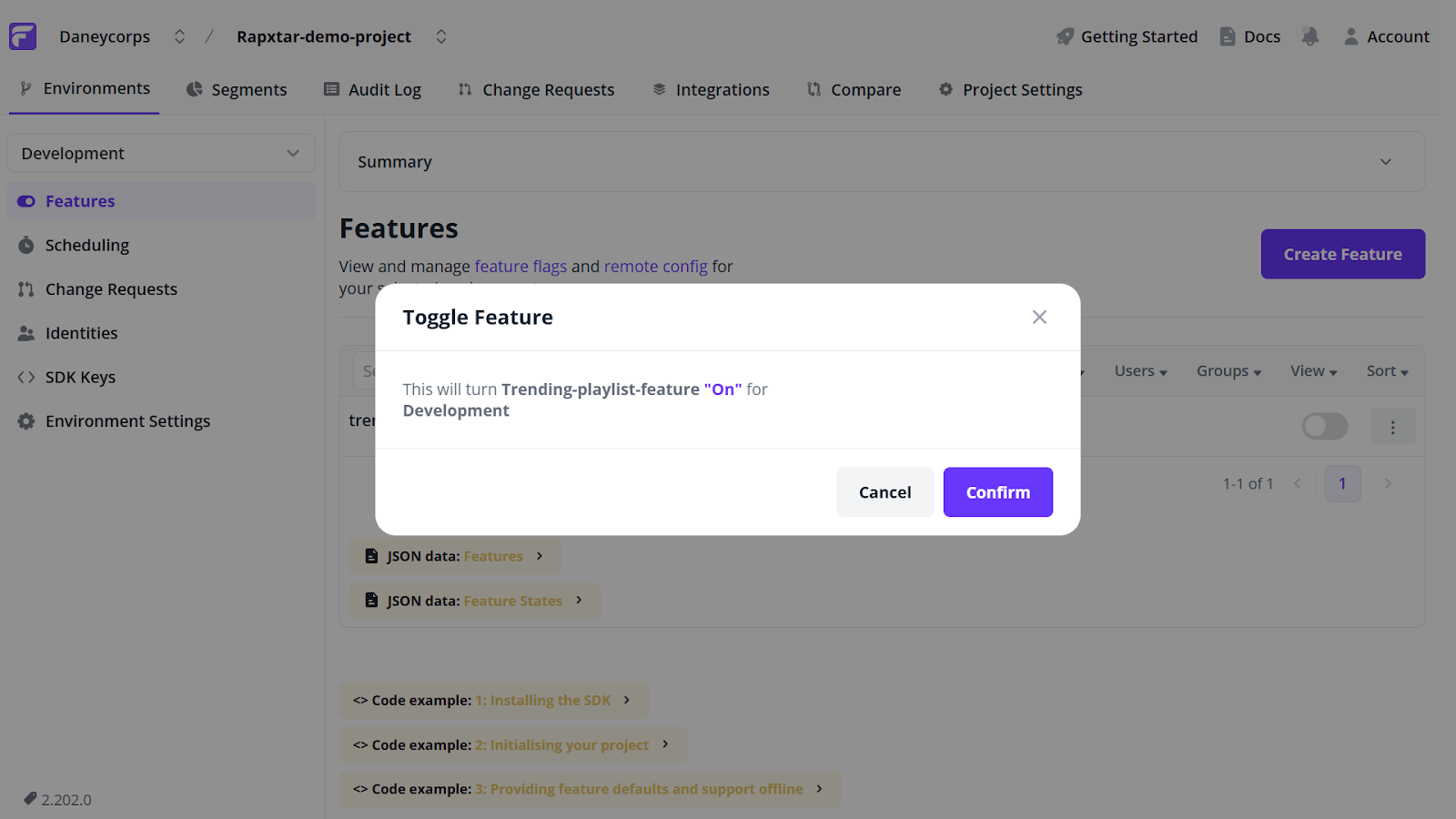 Flagsmith toggle feature screenshot