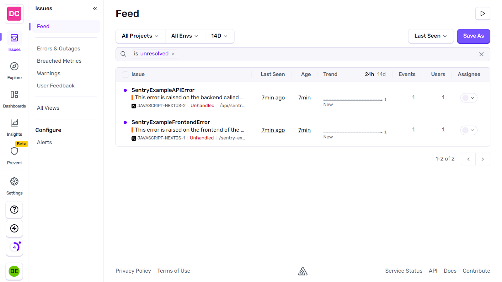 Sentry feed screenshot