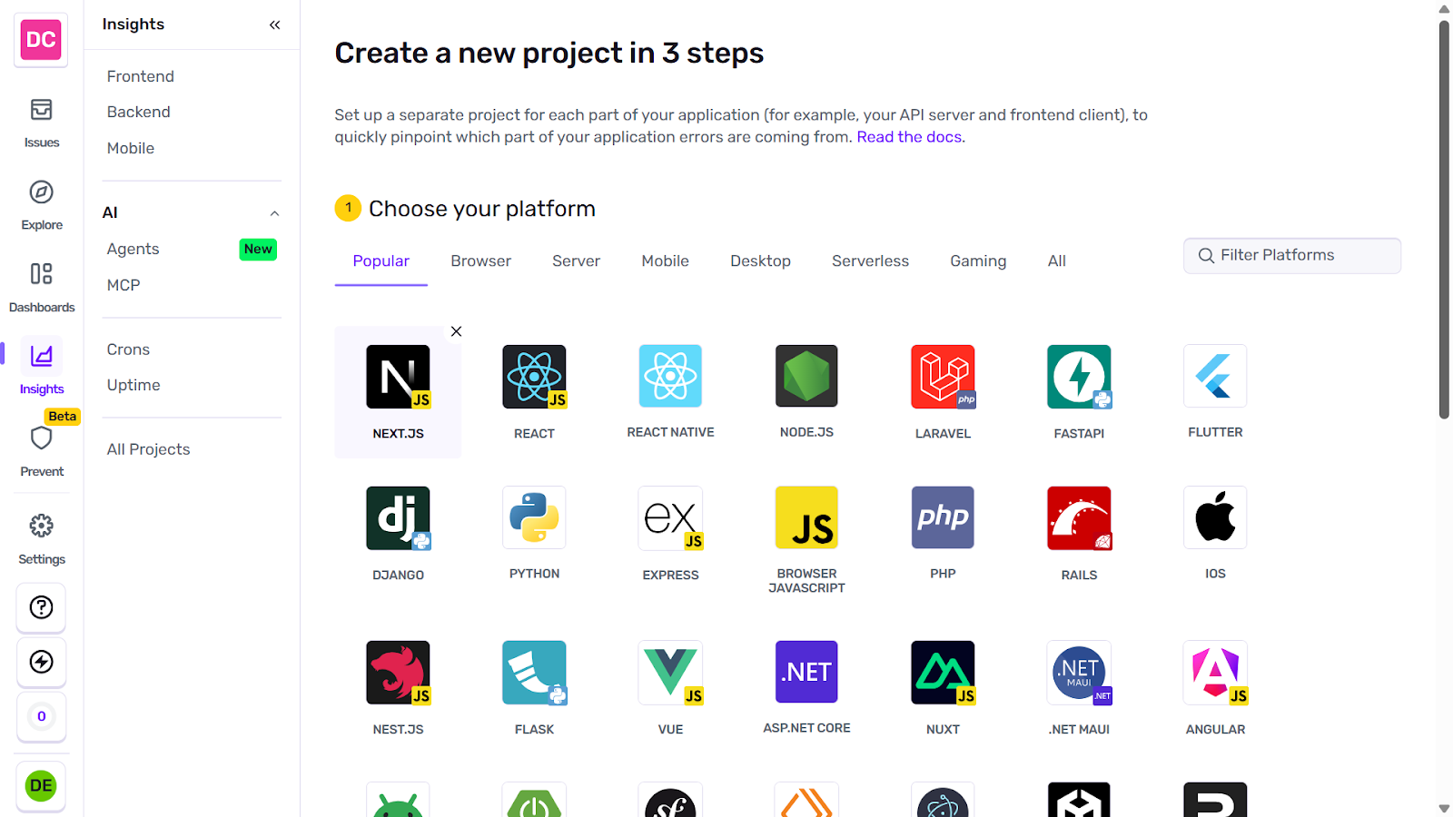 Sentry create new project screenshot