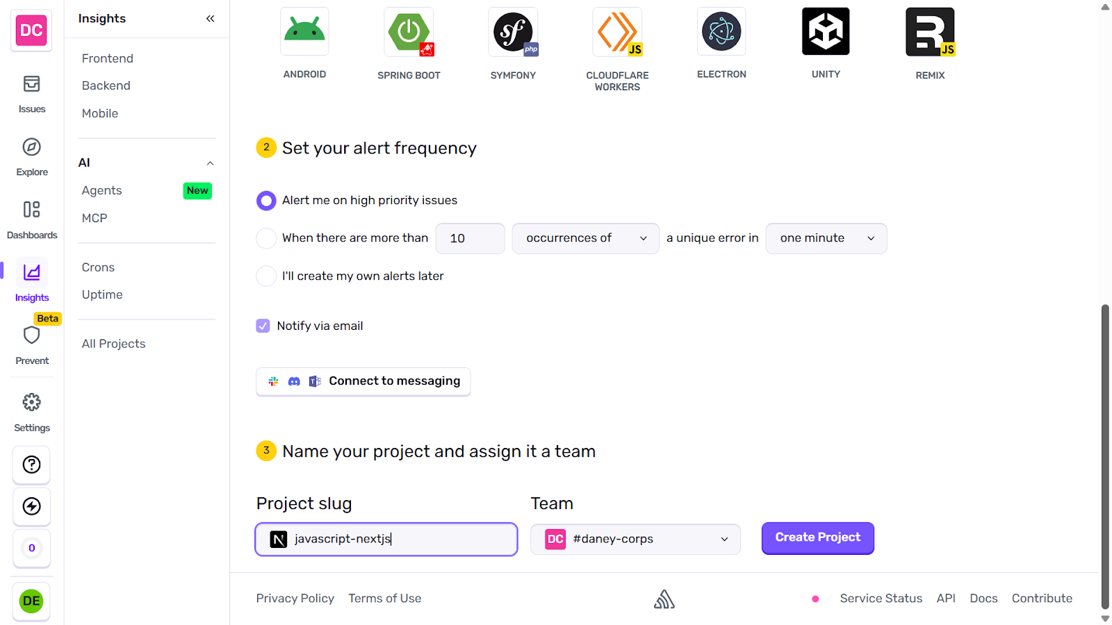 Sentry create project slug screenshot