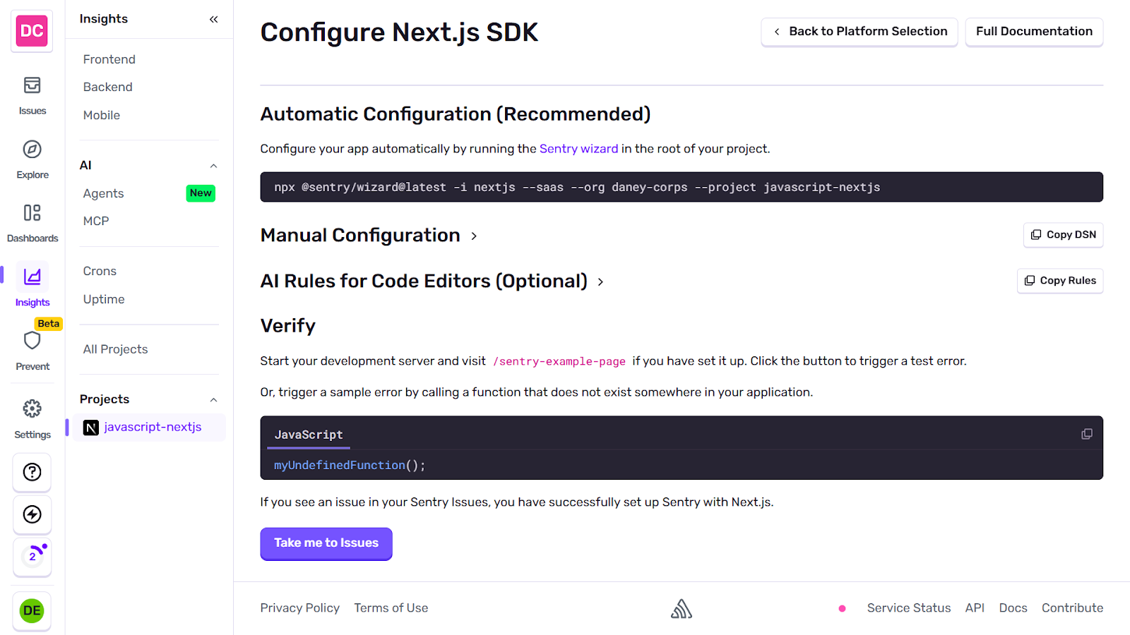 Sentry configure Next.js screenshot