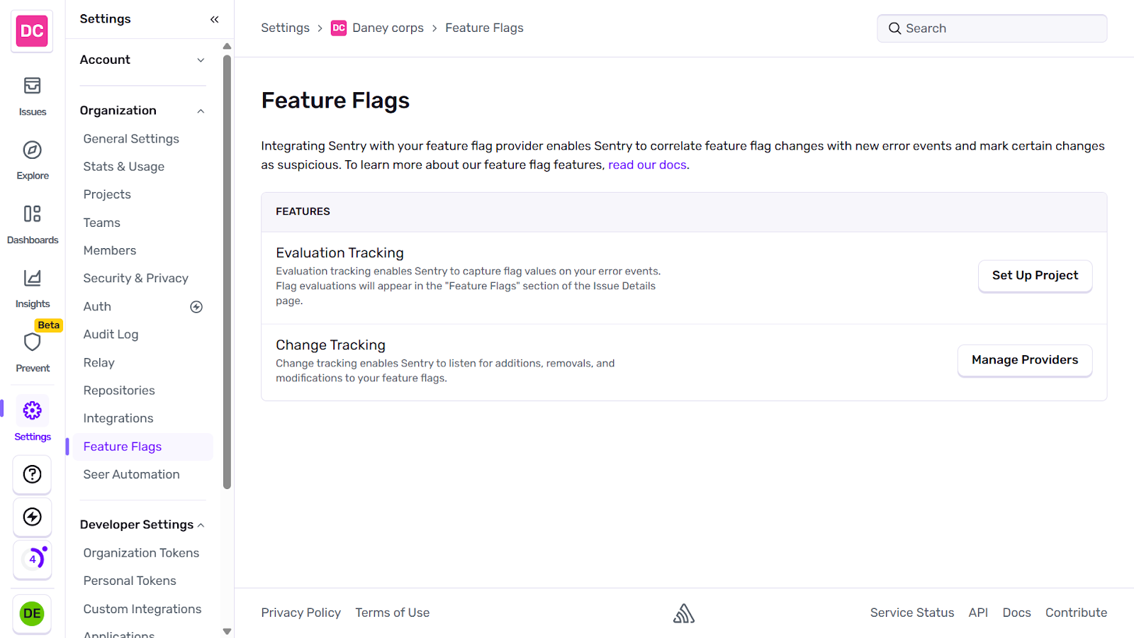 Sentry feature flags screenshot