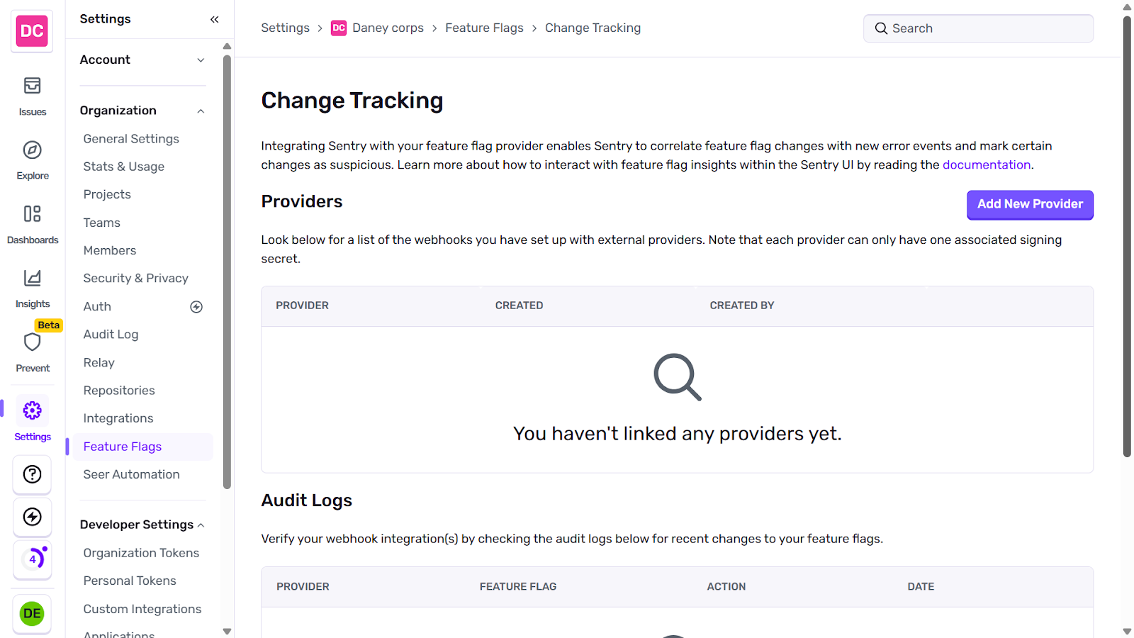Sentry change tracking screenshot