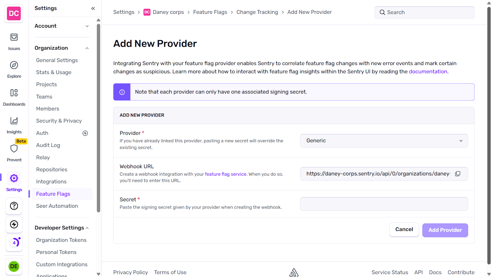 Sentry new provider screenshot