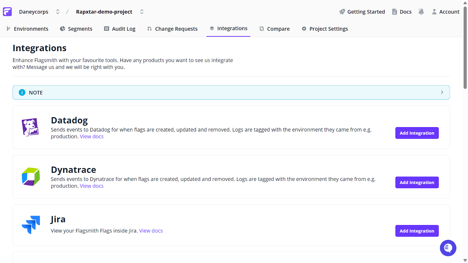 Sentry integrationsi screenshot