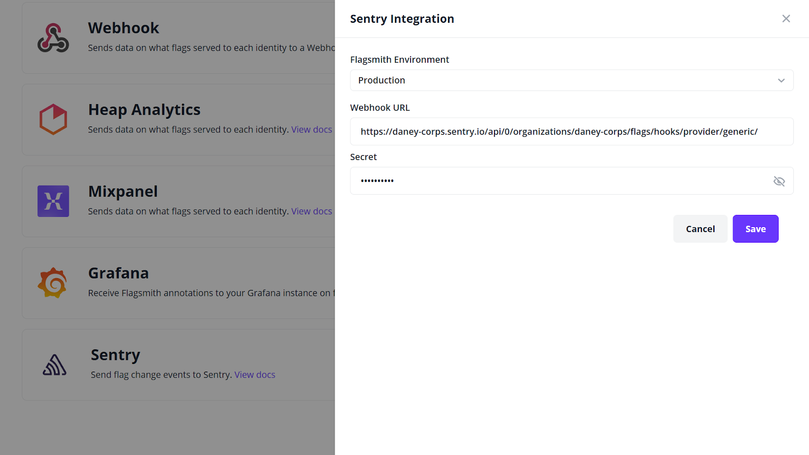 Flagsmith-Sentry integration screenshot