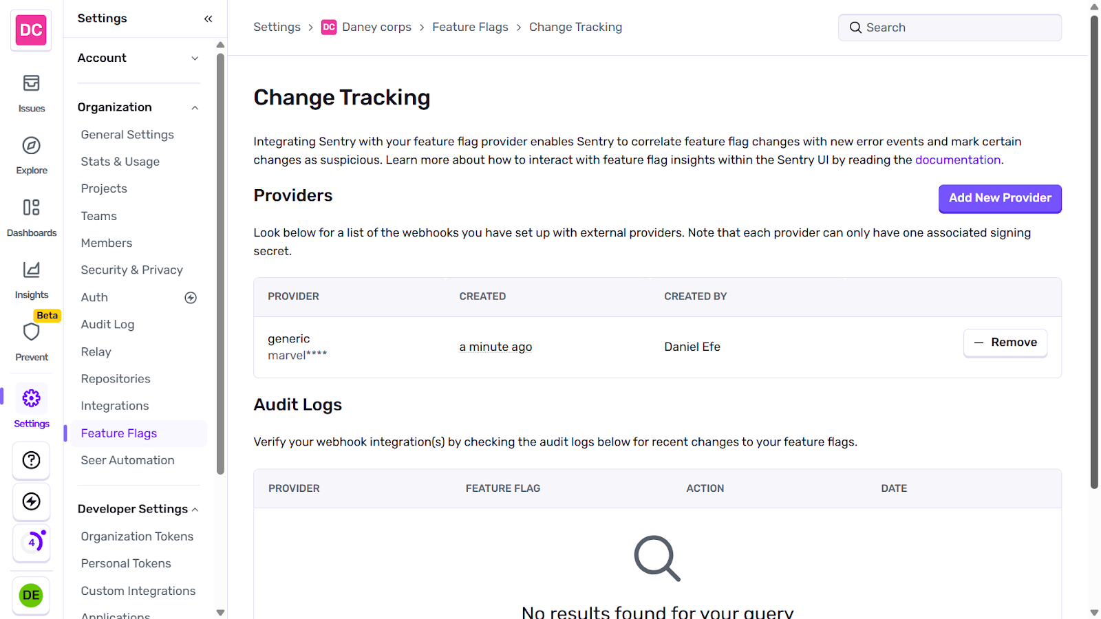 Sentry change tracking screenshot