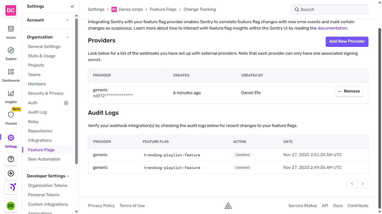 Sentry audit logs screenshot