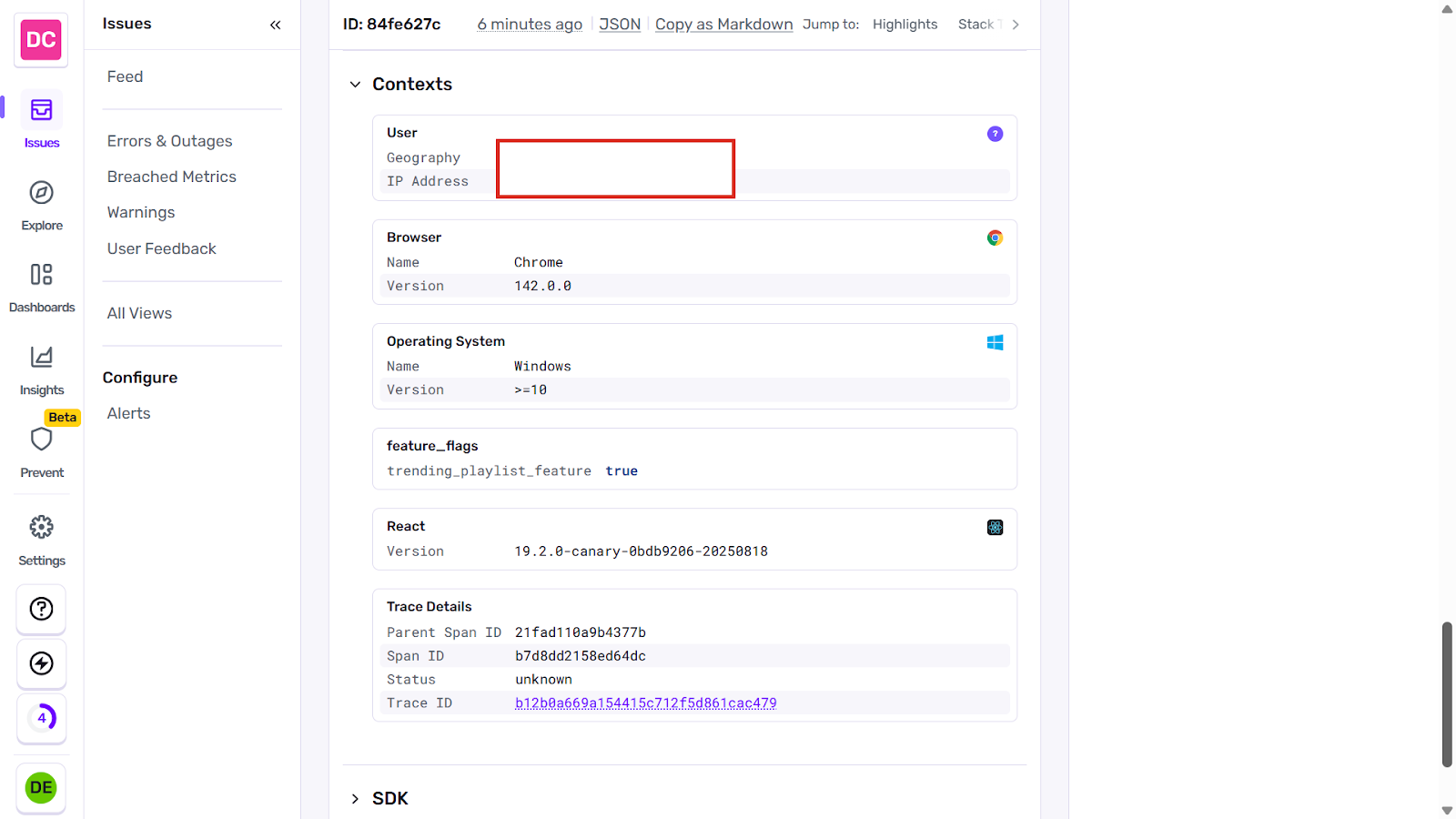 Sentry issues screenshot