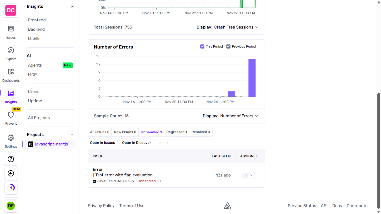 Sentry errors chart screenshot
