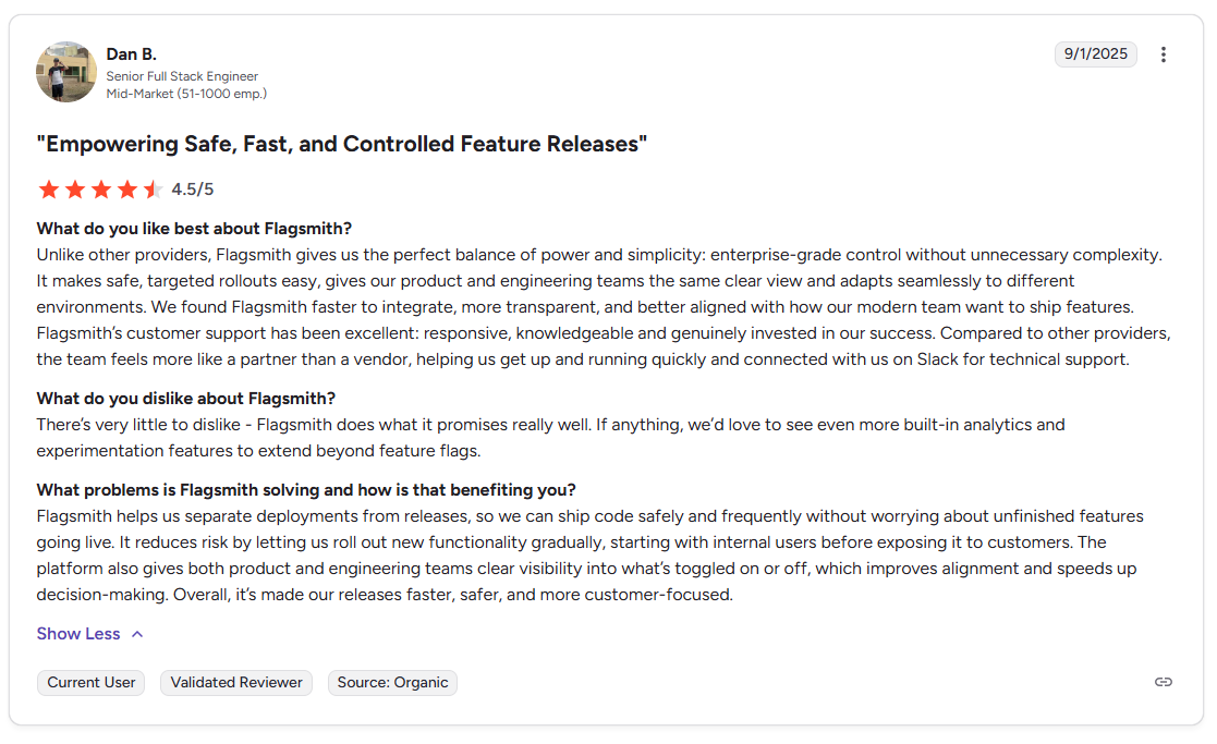 Flagsmith G2 feature release review