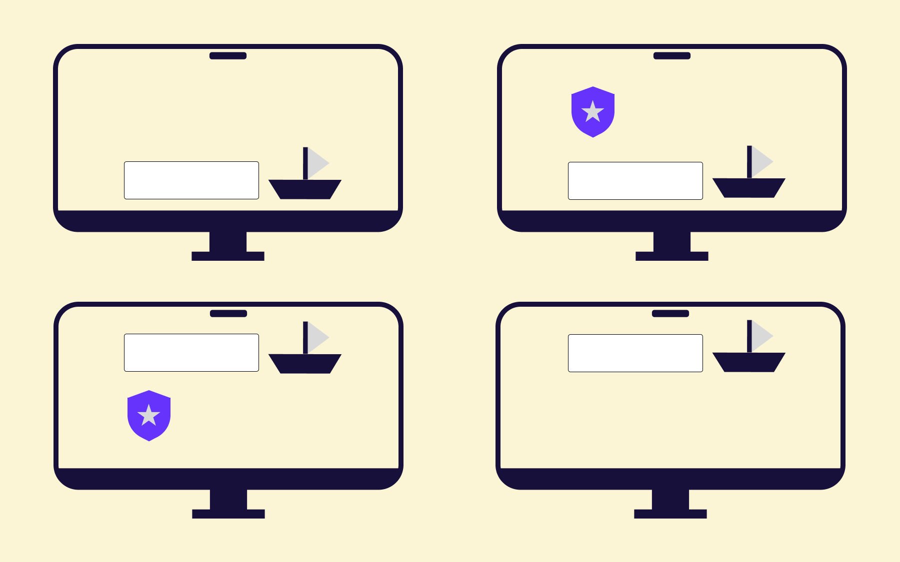 Representation of four variants on screens with ship, text entry field and security shield