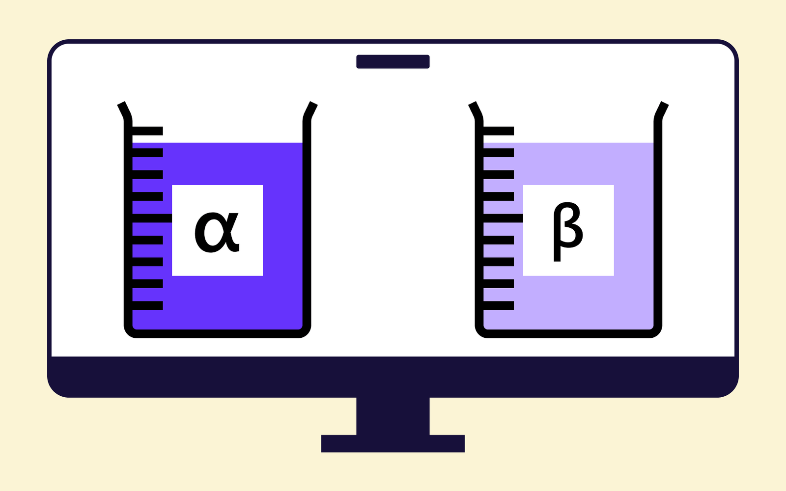 An A/B testing graphic with two scientific beakers on a screen