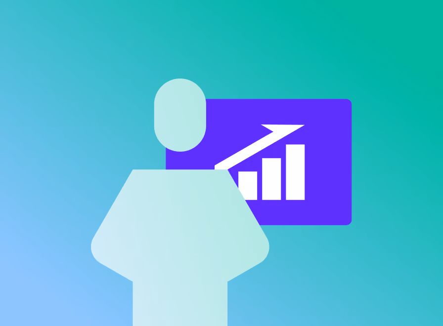Abstract image of an employee and a savings graph on a blue background