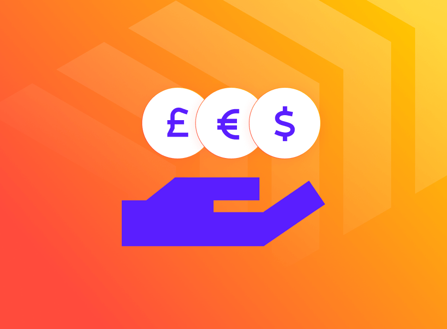 A hand representing a share plan provider holding balls with various currencies inside on an orange background
