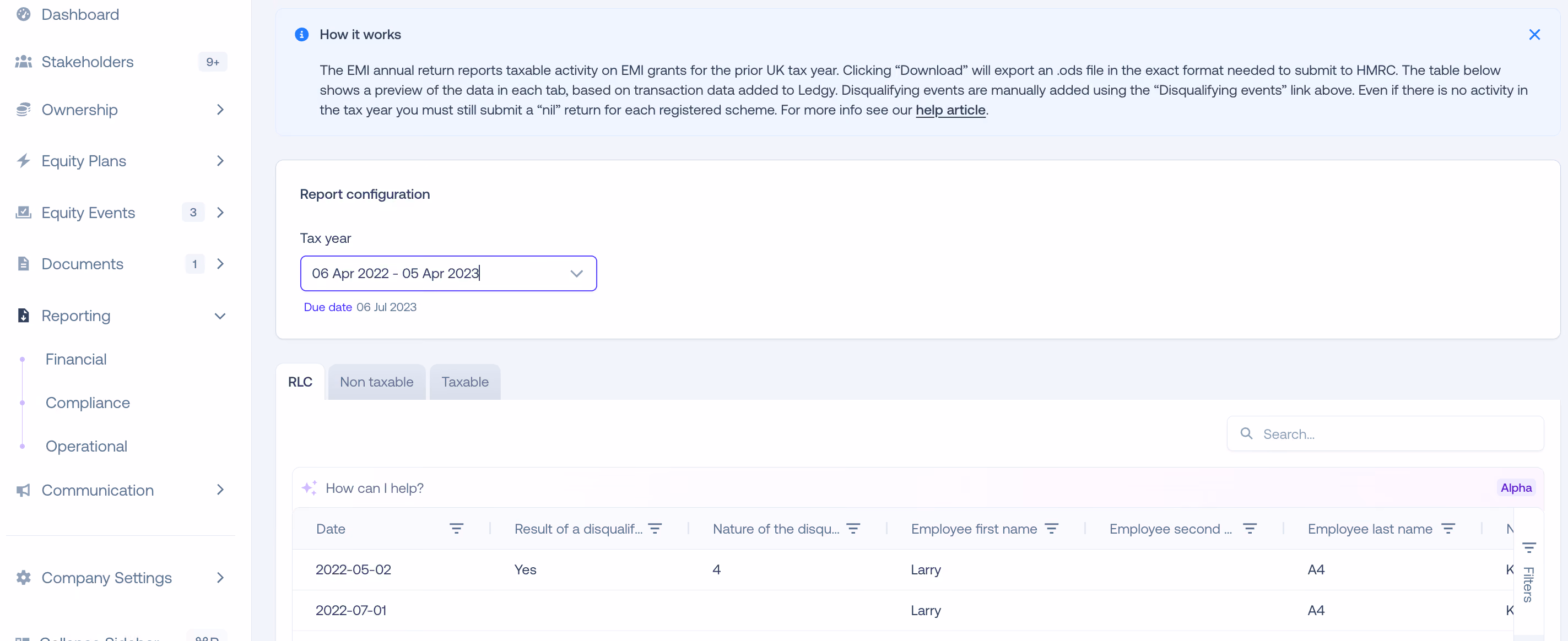 EMI notification and EMI annual return reporting functionality in Ledgy