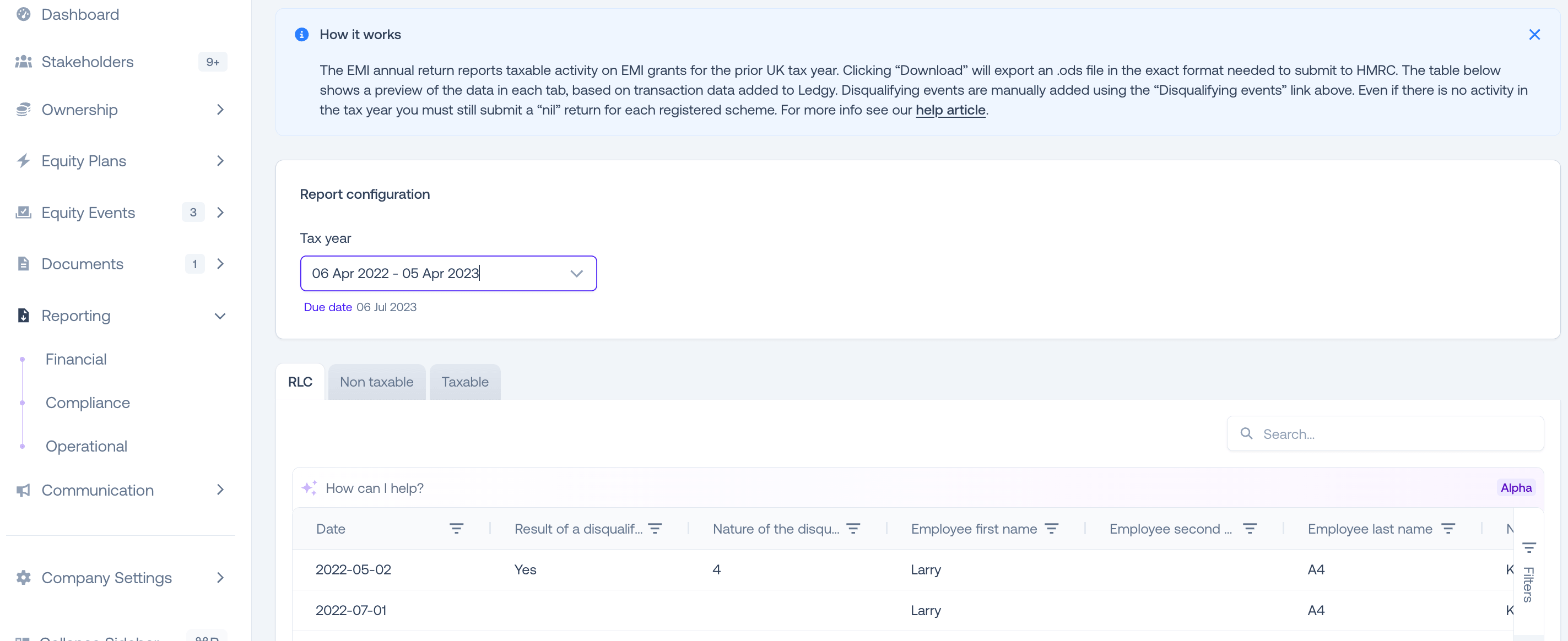 EMI notification and EMI annual return reporting functionality in Ledgy