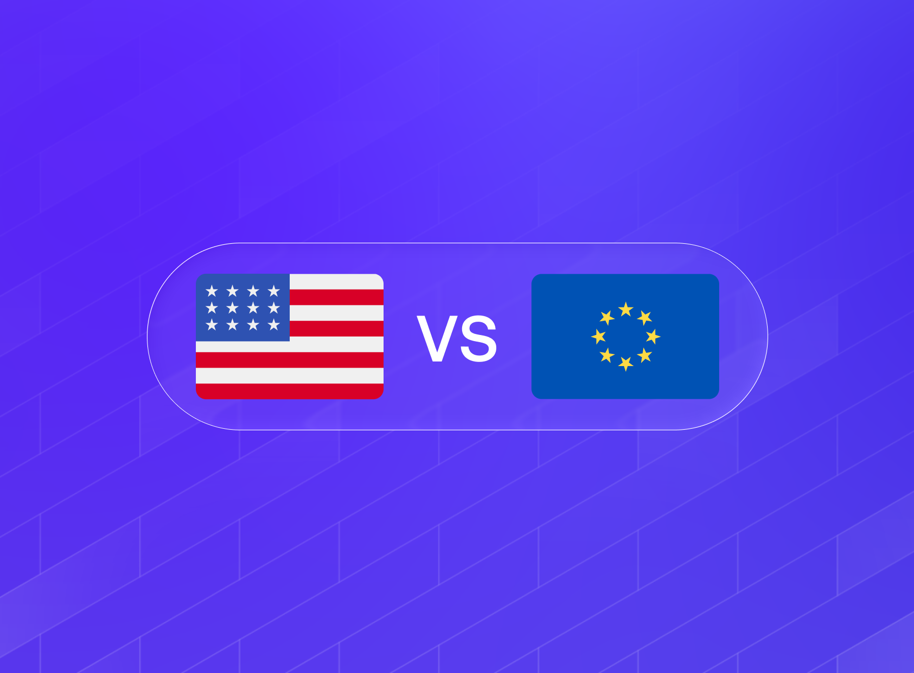 Two overlapping document dossiers, one marked with a US flag and dollar sign, the other with an EU flag and euro sign, joined by a glowing checkmark badge, on a dark purple background with the Ledgy logo.