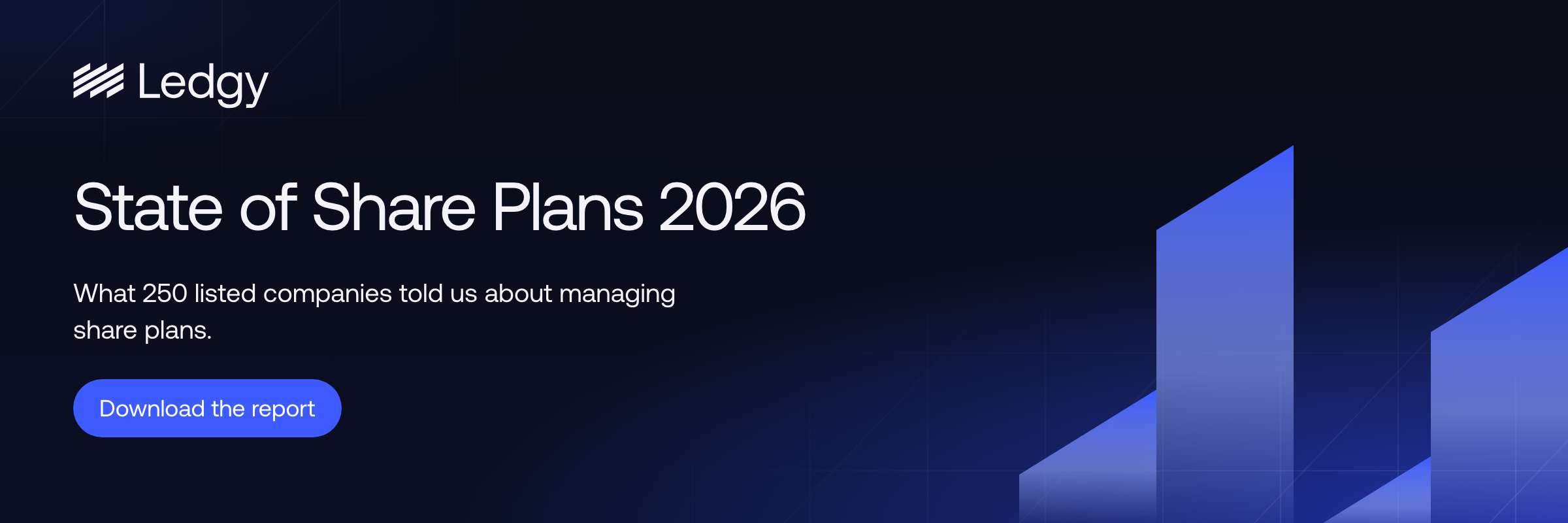Ledgy download banner for the State of Share Plans 2026 report: "What 250 listed companies told us about managing share plans," with a "Download the report" button.